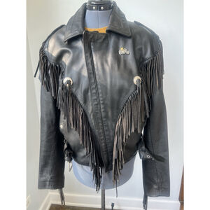 Open Road Size M Black Leather Moto Jacket w/ Full Fringe Silver Accents Biker
